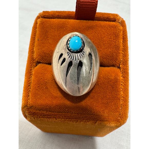 Vintage Navajo Turquoise Bear Claw Ring Sterling Silver Sz 8 8.5 Signed R - Picture 1 of 6